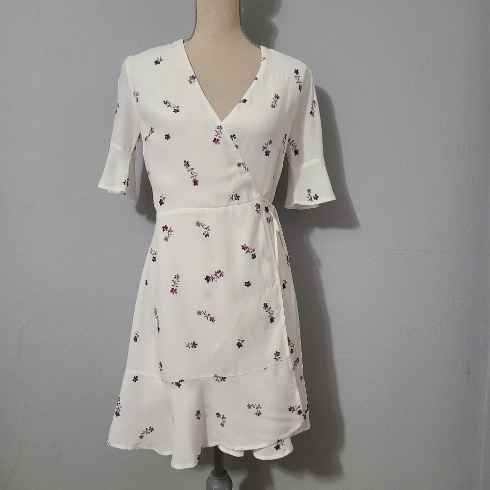 Rails Aimee Wrap‎ Dress White Koyoto Floral Short Sleeve Ruffle Size XS